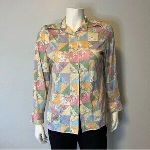 Vintage color block patchwork pastel print button front top size medium